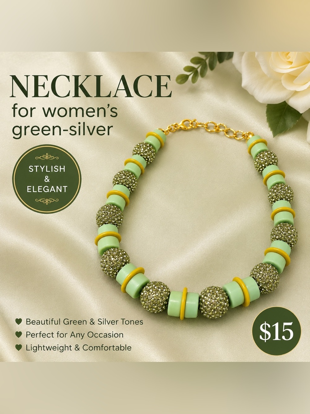 Green & Silver Statement Beaded Necklace | Chunky Fashion Jewelry